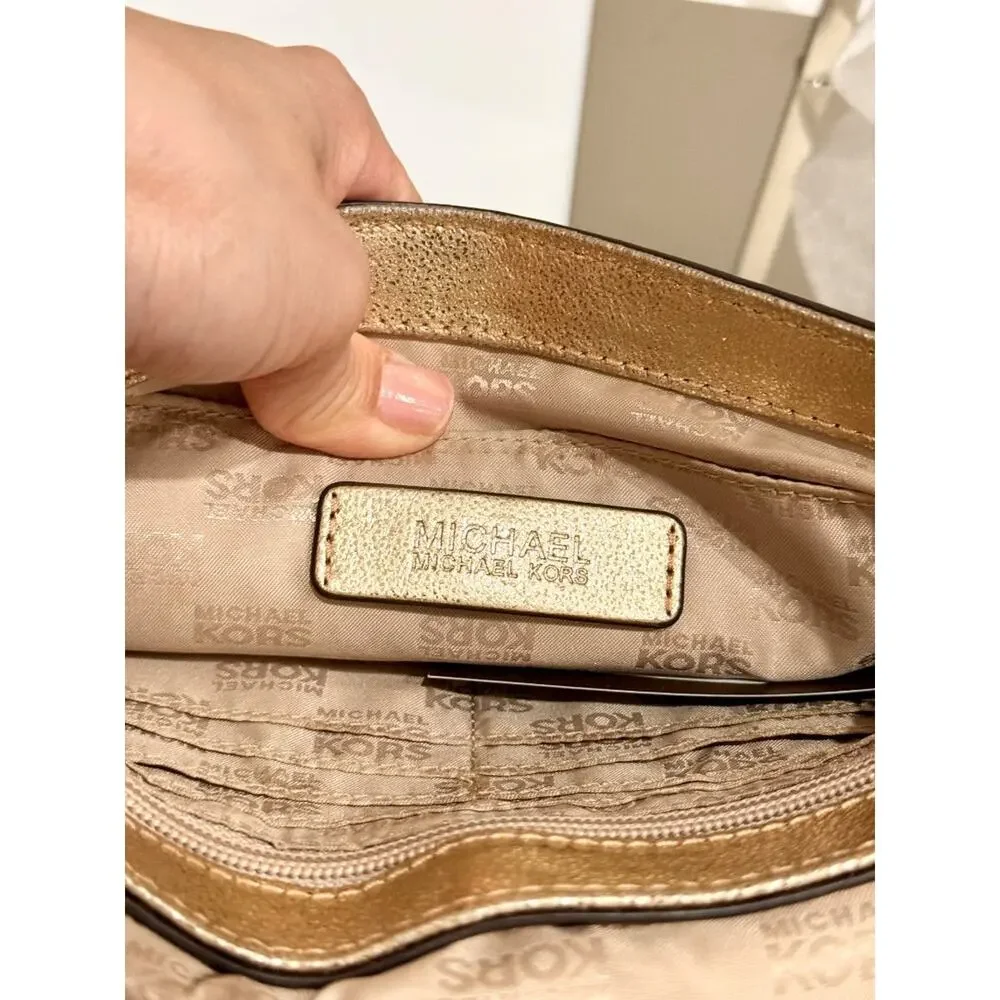 Michael Kors Jet Set Chain Strap Metallic Leather Shoulder Flap Clutch Bag Gold - Picture 10 of 11